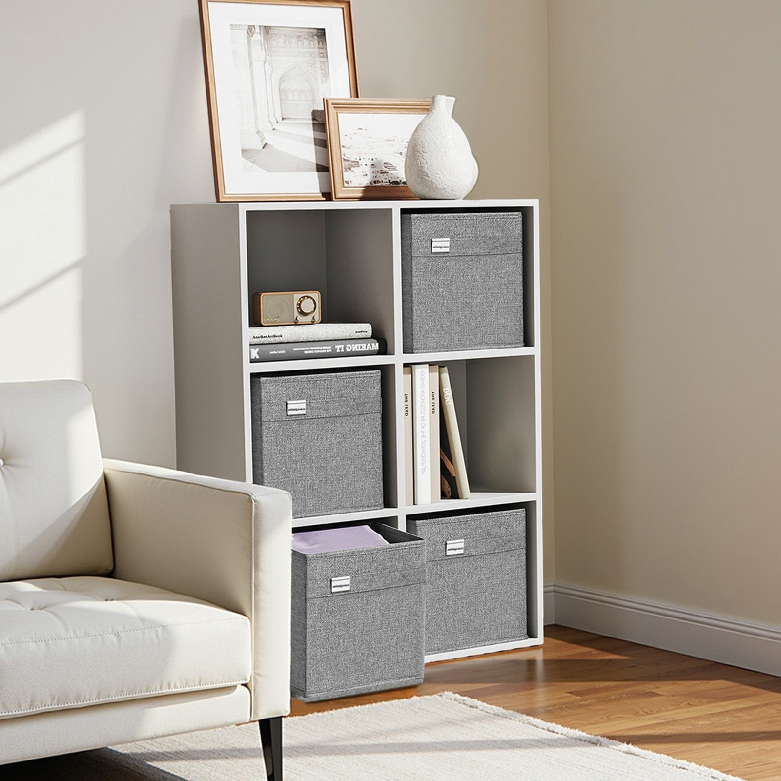 Foldable Storage Cube Set of 4 – Oxford and Linen-Look Fabric – Grey – Washable with Dual Handles and Metal Label Holders