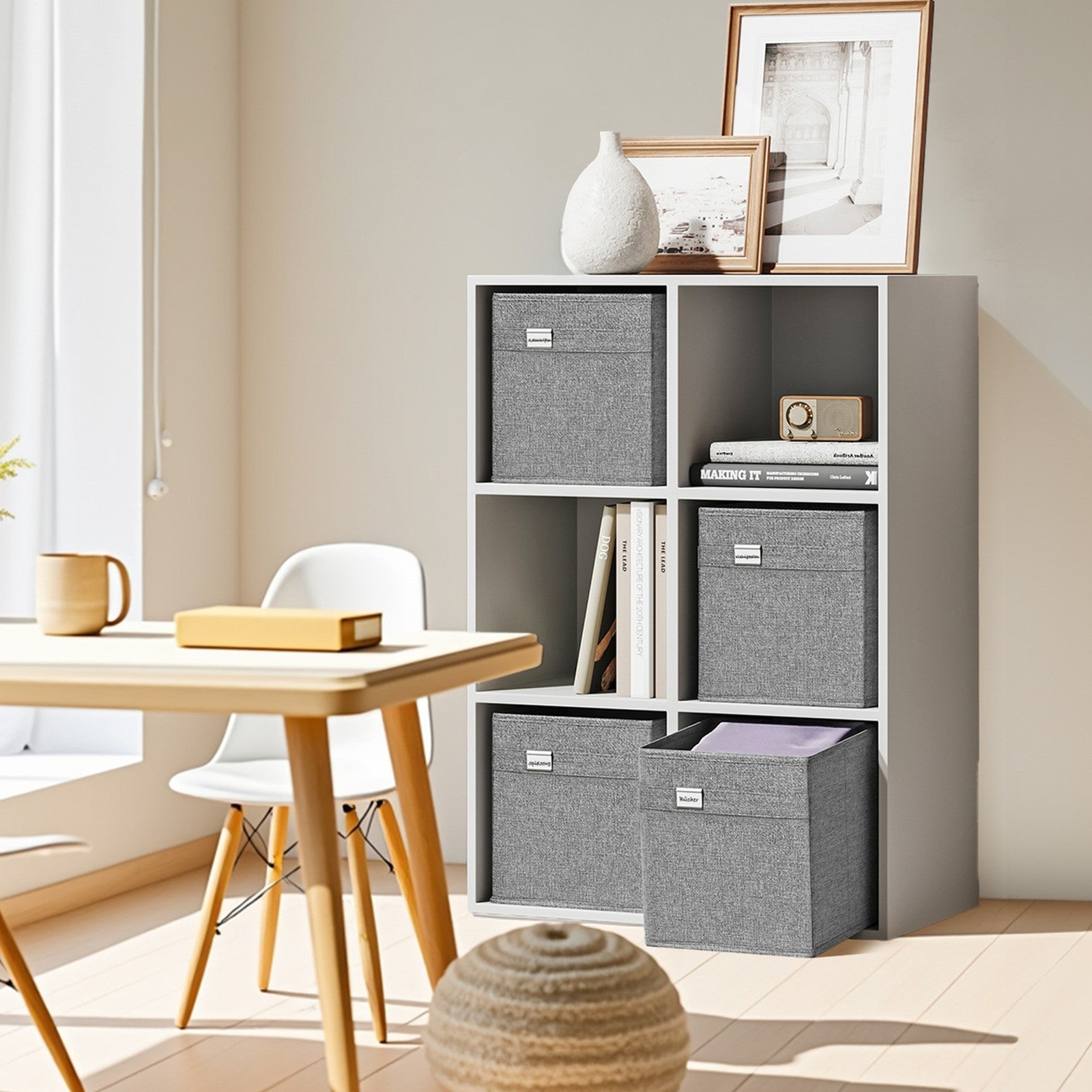 Foldable Storage Cube Set of 4 – Oxford and Linen-Look Fabric – Grey – Washable with Dual Handles and Metal Label Holders