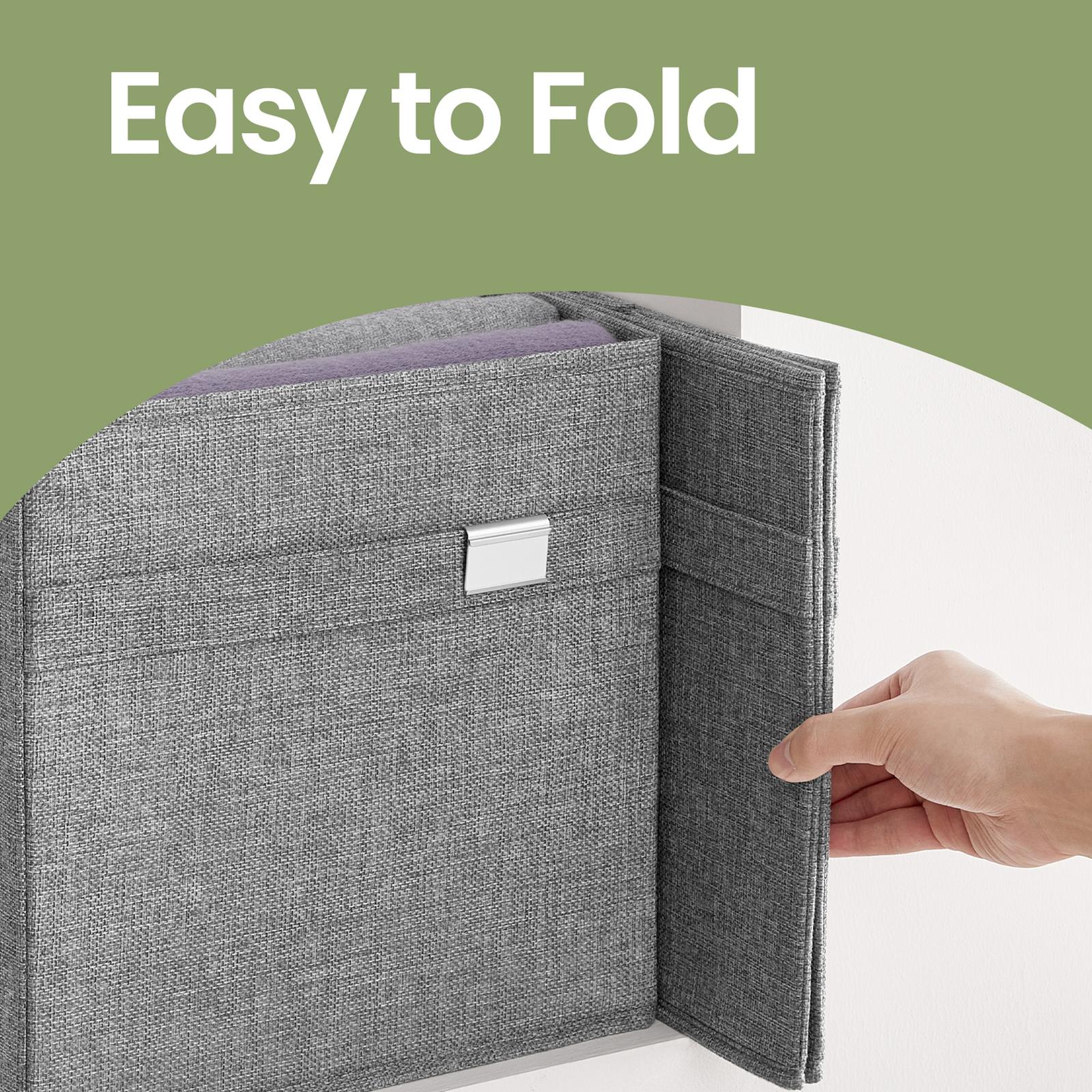 Foldable Storage Cube Set of 4 – Oxford and Linen-Look Fabric – Grey – Washable with Dual Handles and Metal Label Holders