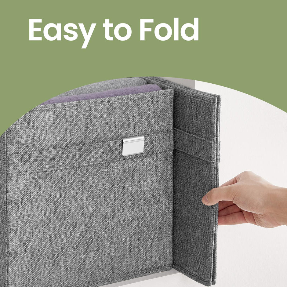 Foldable Storage Cube Set of 4 – Oxford and Linen-Look Fabric – Grey – Washable with Dual Handles and Metal Label Holders