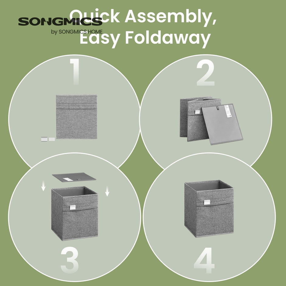 Foldable Storage Cube Set of 4 – Oxford and Linen-Look Fabric – Grey – Washable with Dual Handles and Metal Label Holders