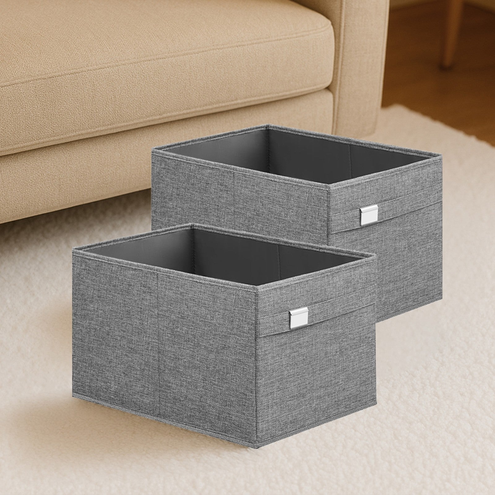 Set of 2 Foldable Wardrobe Storage Baskets – Oxford & Linen-Look Fabric – Grey – Washable with Handles and Metal Label Holders