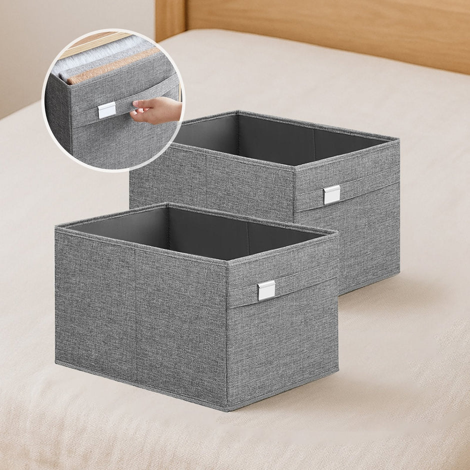 Set of 2 Foldable Wardrobe Storage Baskets – Oxford & Linen-Look Fabric – Grey – Washable with Handles and Metal Label Holders