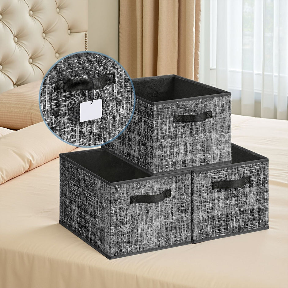 Set of 3 Fabric Storage Bins – Fabric – Ink Black – Foldable with Handles and Label Holders