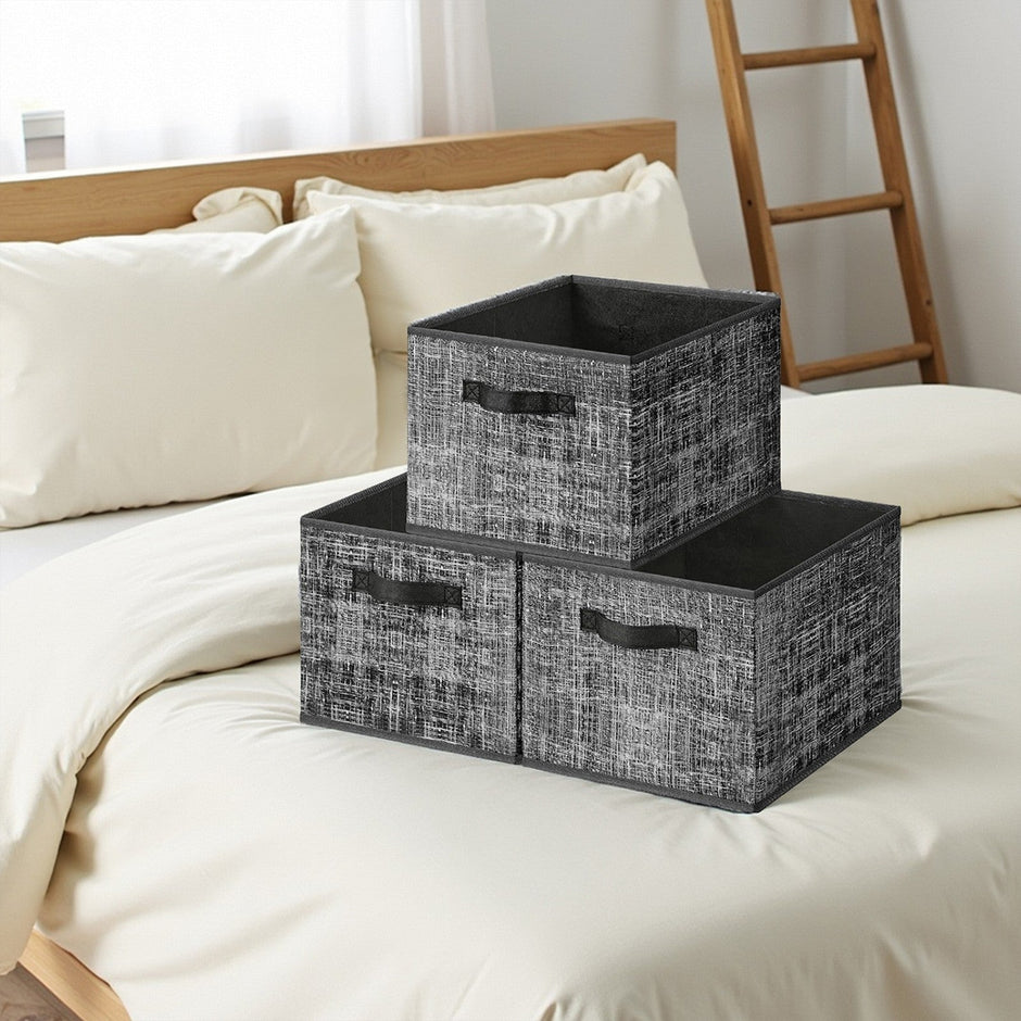 Set of 3 Fabric Storage Bins – Fabric – Ink Black – Foldable with Handles and Label Holders