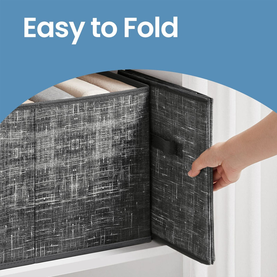 Set of 3 Fabric Storage Bins – Fabric – Ink Black – Foldable with Handles and Label Holders