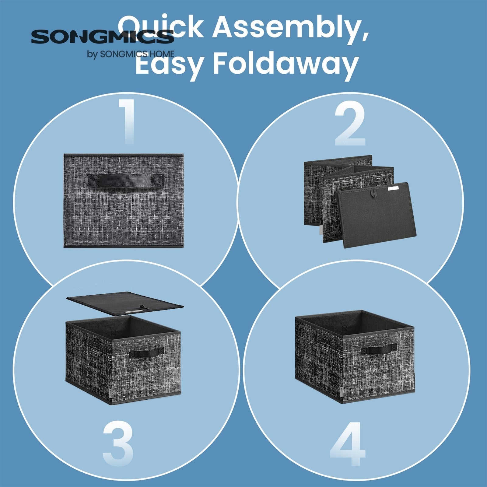 Set of 3 Fabric Storage Bins – Fabric – Ink Black – Foldable with Handles and Label Holders