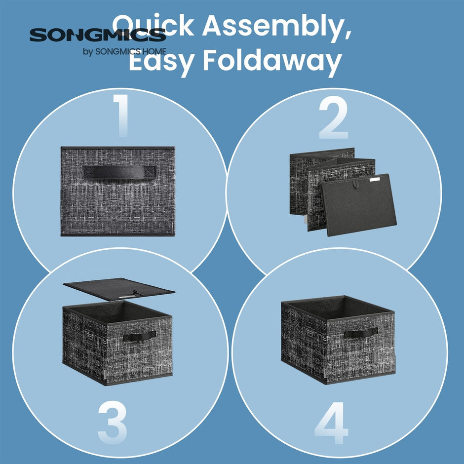 Set of 3 Fabric Storage Bins – Fabric – Ink Black – Foldable with Handles and Label Holders