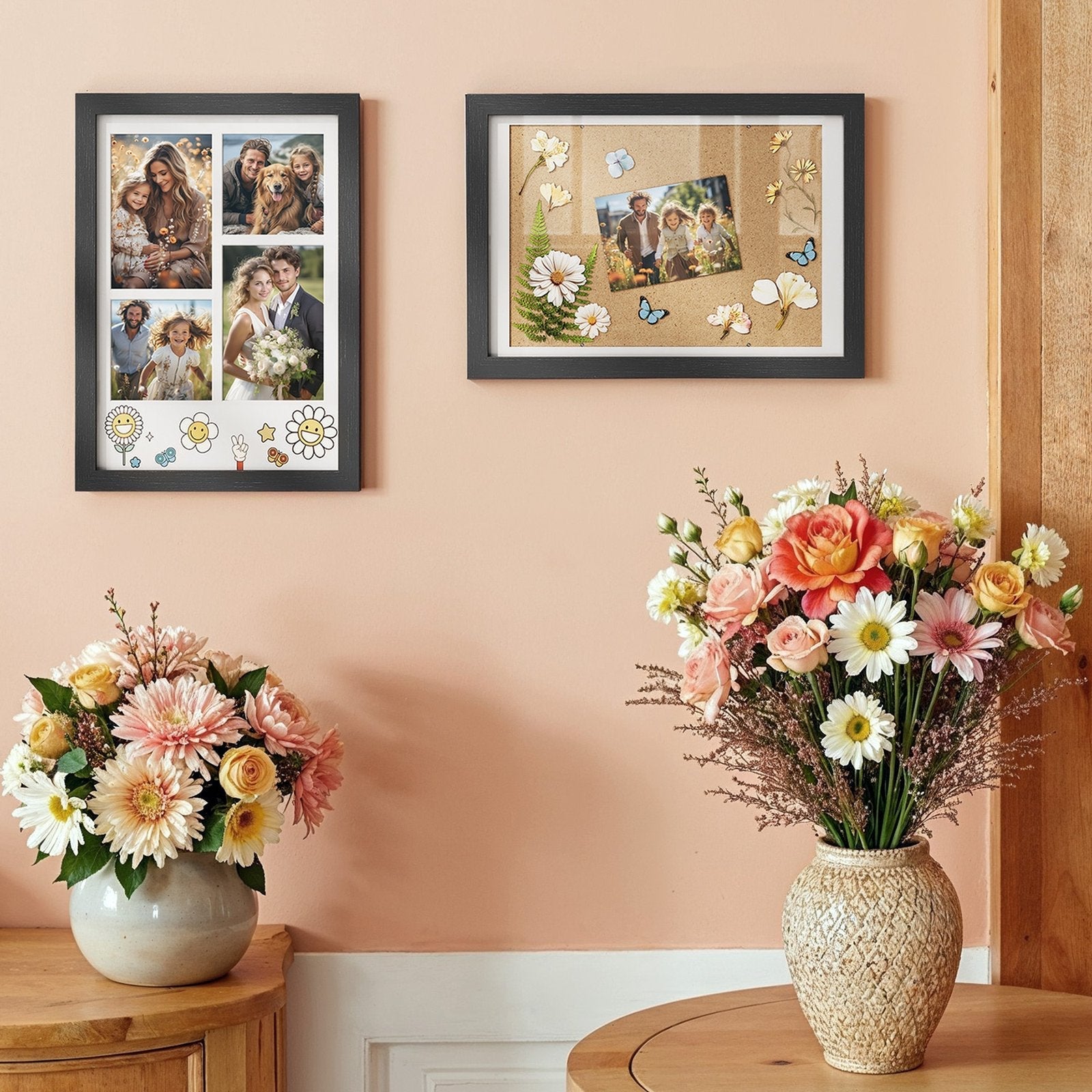 Set of 2 Multi Picture Frames – Wood – Black – Includes Mats for A4 and 4x6 Photos