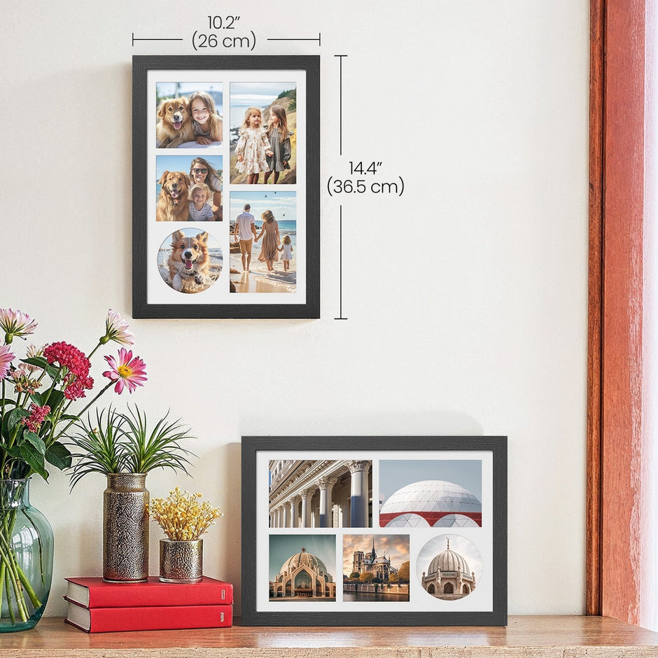 Set of 2 Multi Picture Frames – Wood – Black – Includes Mats for A4 and 4x6 Photos