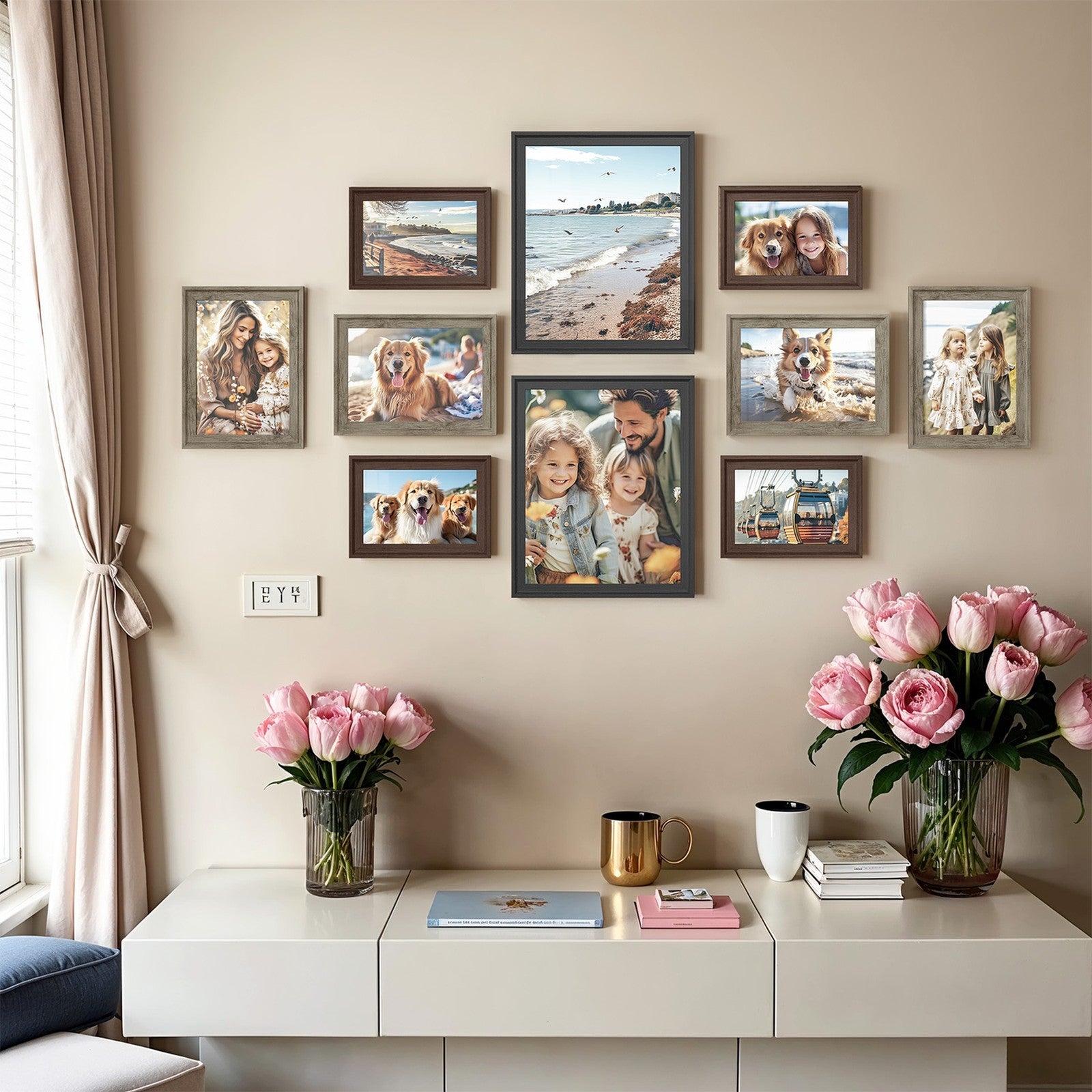 Set of 10 Photo Frames – MDF and Glass – Black – Includes Mats for Various Sizes, Hanging or Tabletop Display
