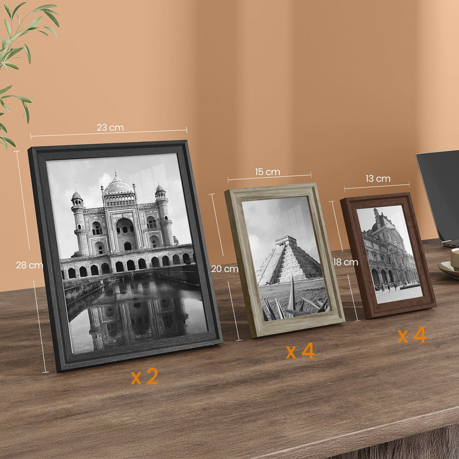 Set of 10 Photo Frames – MDF and Glass – Black – Includes Mats for Various Sizes, Hanging or Tabletop Display