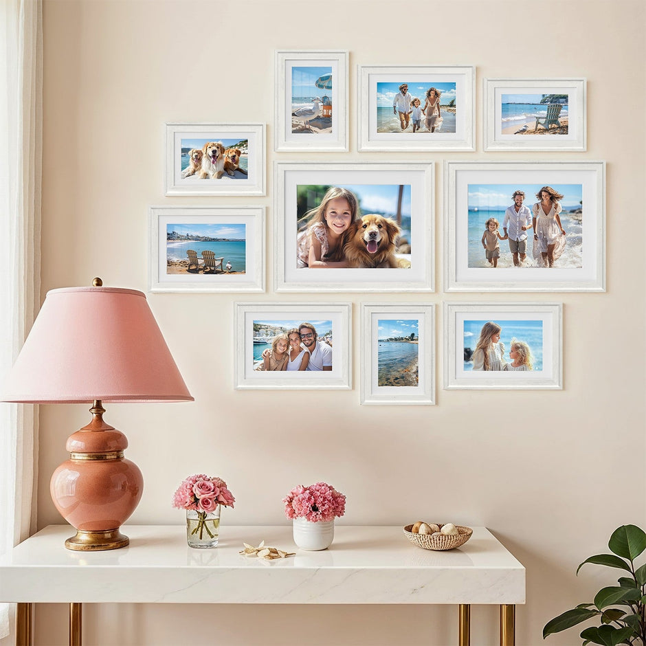 Set of 10 Photo Frames – MDF and Glass – Black – Includes Mats for Various Sizes, Hanging or Tabletop Display