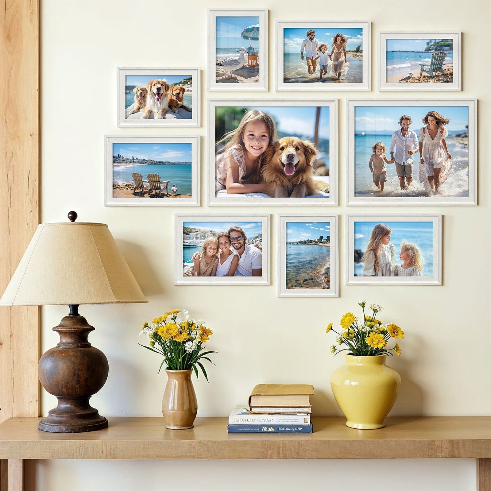 Set of 10 Photo Frames – MDF and Glass – Black – Includes Mats for Various Sizes, Hanging or Tabletop Display