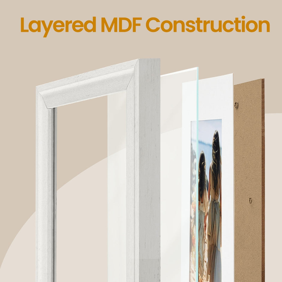 Set of 10 Photo Frames – MDF and Glass – Black – Includes Mats for Various Sizes, Hanging or Tabletop Display