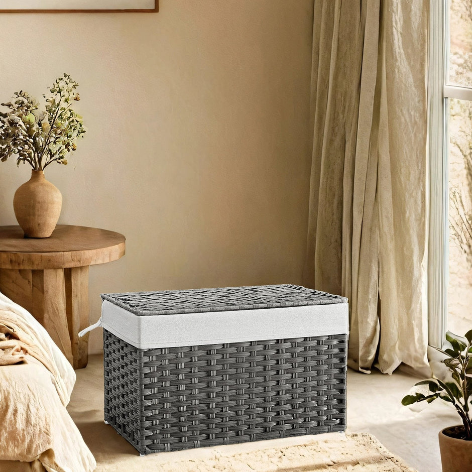 Storage Bin – Synthetic Rattan – Grey – Foldable with Lid and Handles
