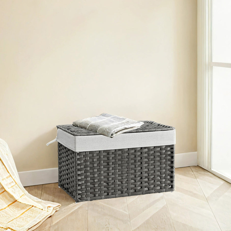 Storage Bin – Synthetic Rattan – Grey – Foldable with Lid and Handles
