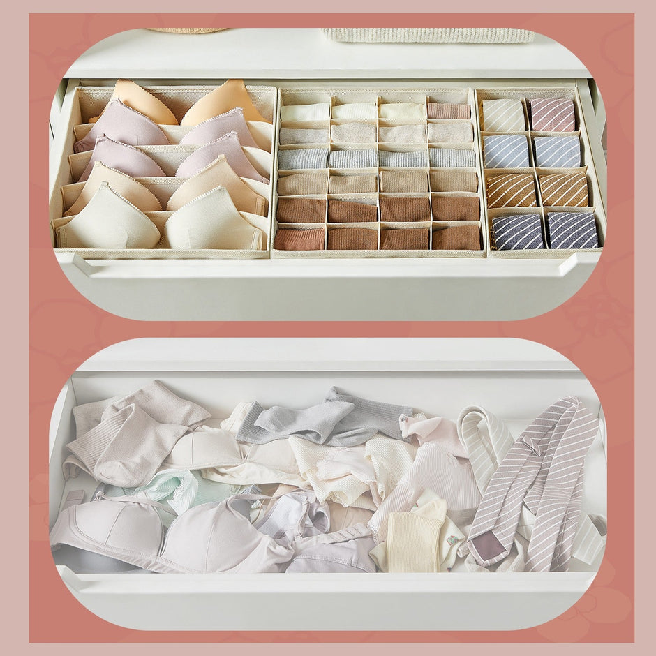 Set of 8 Underwear Organisers – Fabric – Beige – Foldable Drawer Storage for Bras, Socks, Ties, and Scarves