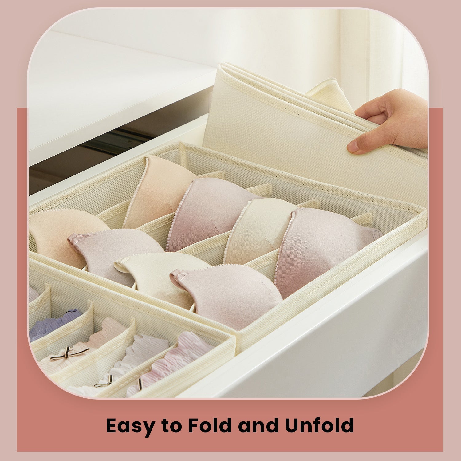Set of 8 Underwear Organisers – Fabric – Beige – Foldable Drawer Storage for Bras, Socks, Ties, and Scarves