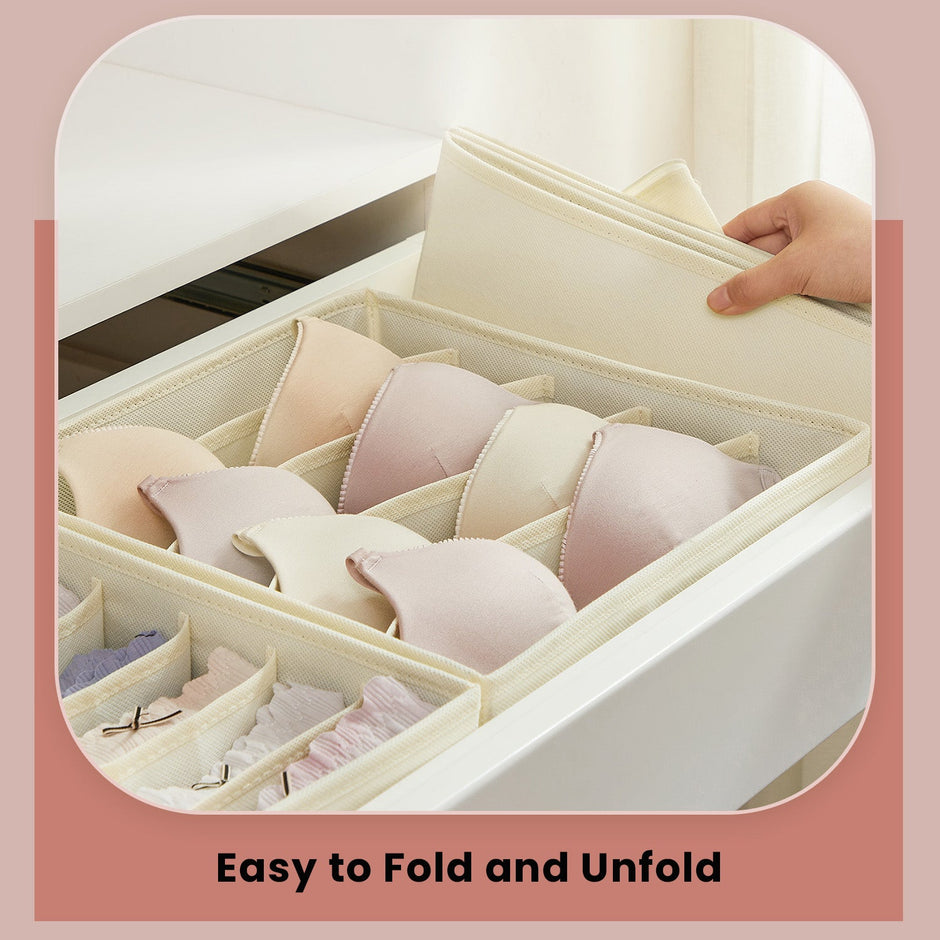 Set of 8 Underwear Organisers – Fabric – Beige – Foldable Drawer Storage for Bras, Socks, Ties, and Scarves
