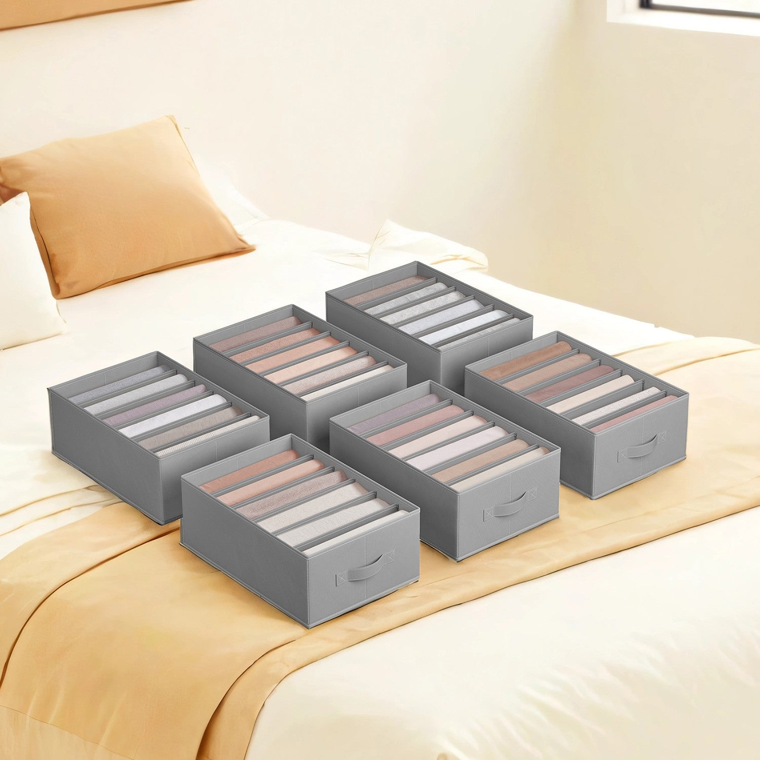 6-Compartment Foldable Drawer Organizers – Fabric – Dove Grey – Ideal for Wardrobe and Closet Storage