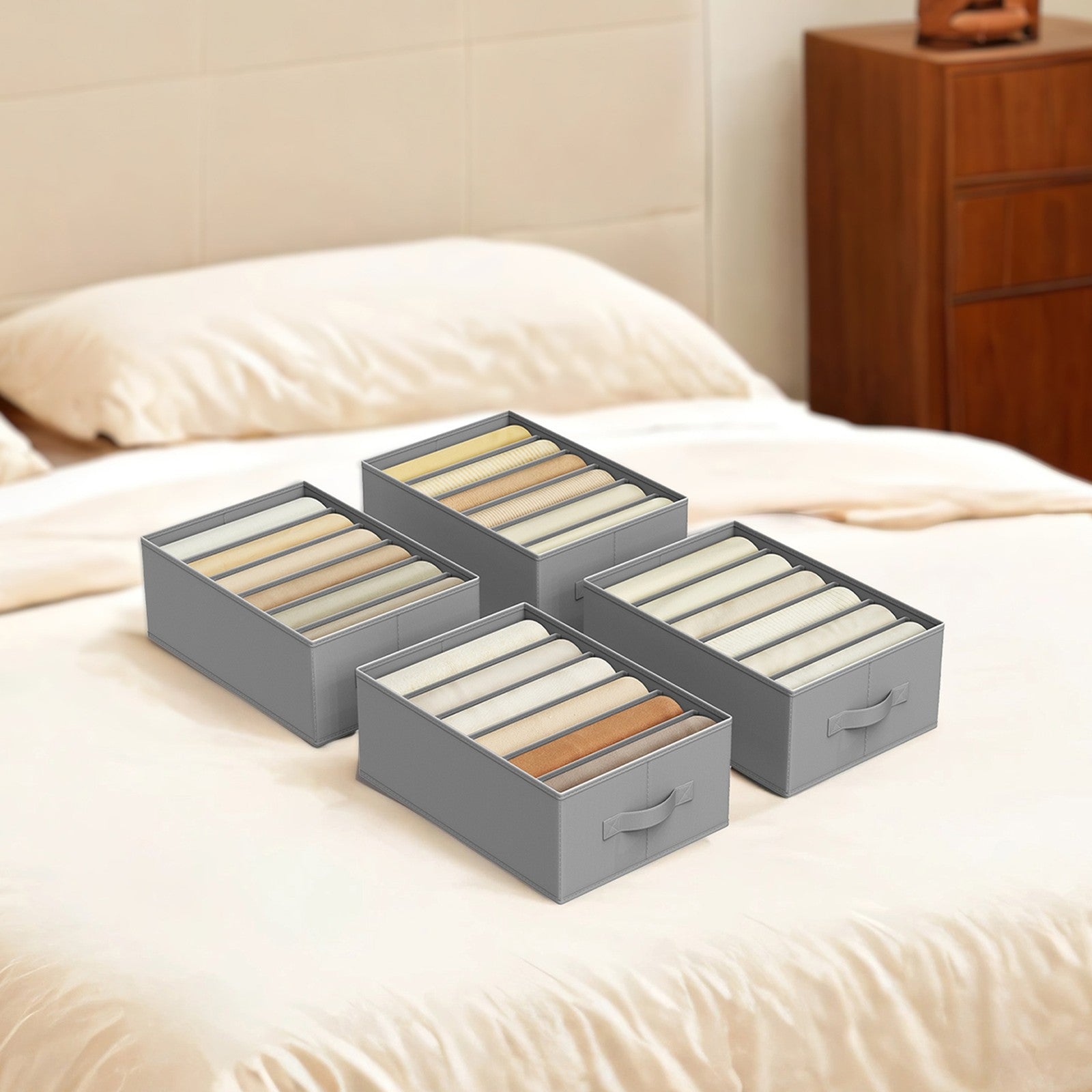 Set of 4 Foldable Drawer Organizers – Fabric – Dove Grey – 6-Compartment Design