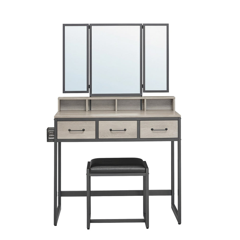 Makeup Vanity Desk – Wood – Industrial Style – Tri-Fold Mirror, 3 Drawers, and Stool