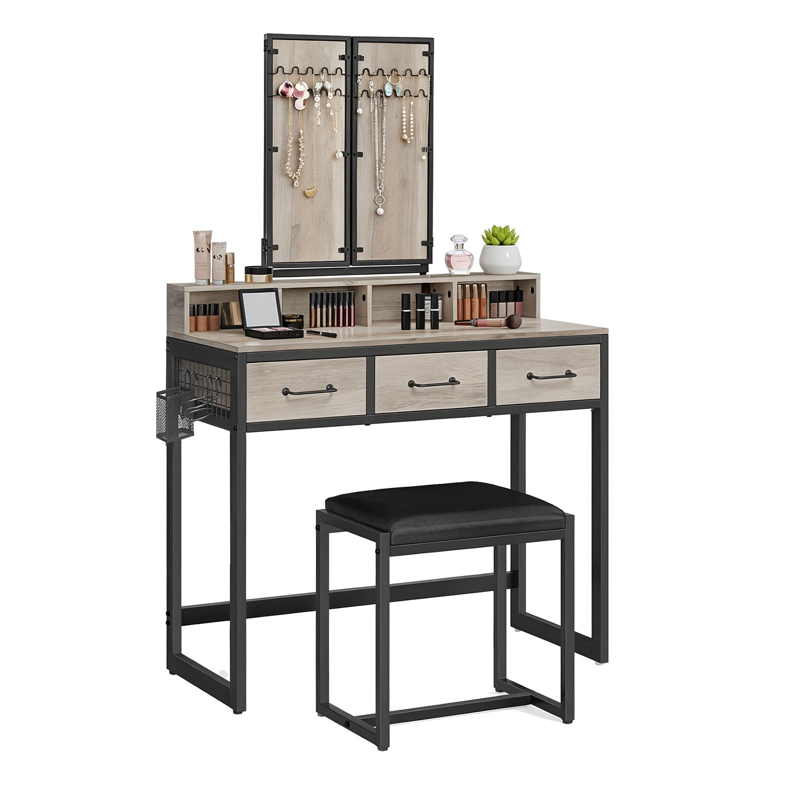 Makeup Vanity Desk – Wood – Industrial Style – Tri-Fold Mirror, 3 Drawers, and Stool