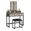 Makeup Vanity Desk – Wood – Industrial Style – Tri-Fold Mirror, 3 Drawers, and Stool