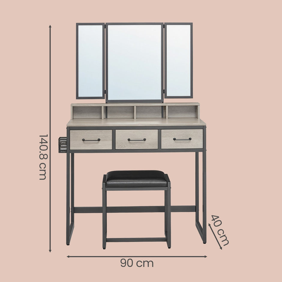 Makeup Vanity Desk – Wood – Industrial Style – Tri-Fold Mirror, 3 Drawers, and Stool