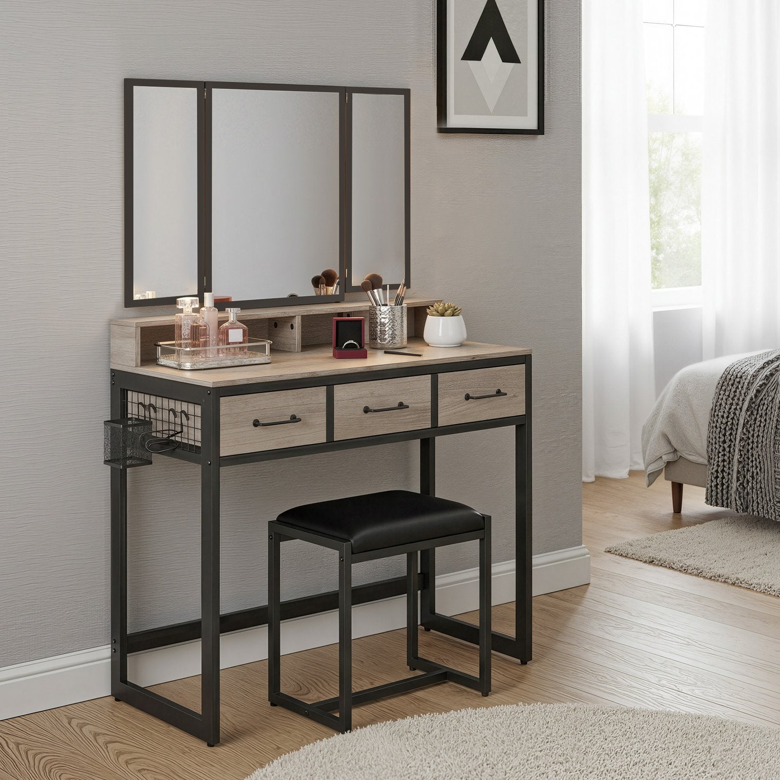 Makeup Vanity Desk – Wood – Industrial Style – Tri-Fold Mirror, 3 Drawers, and Stool