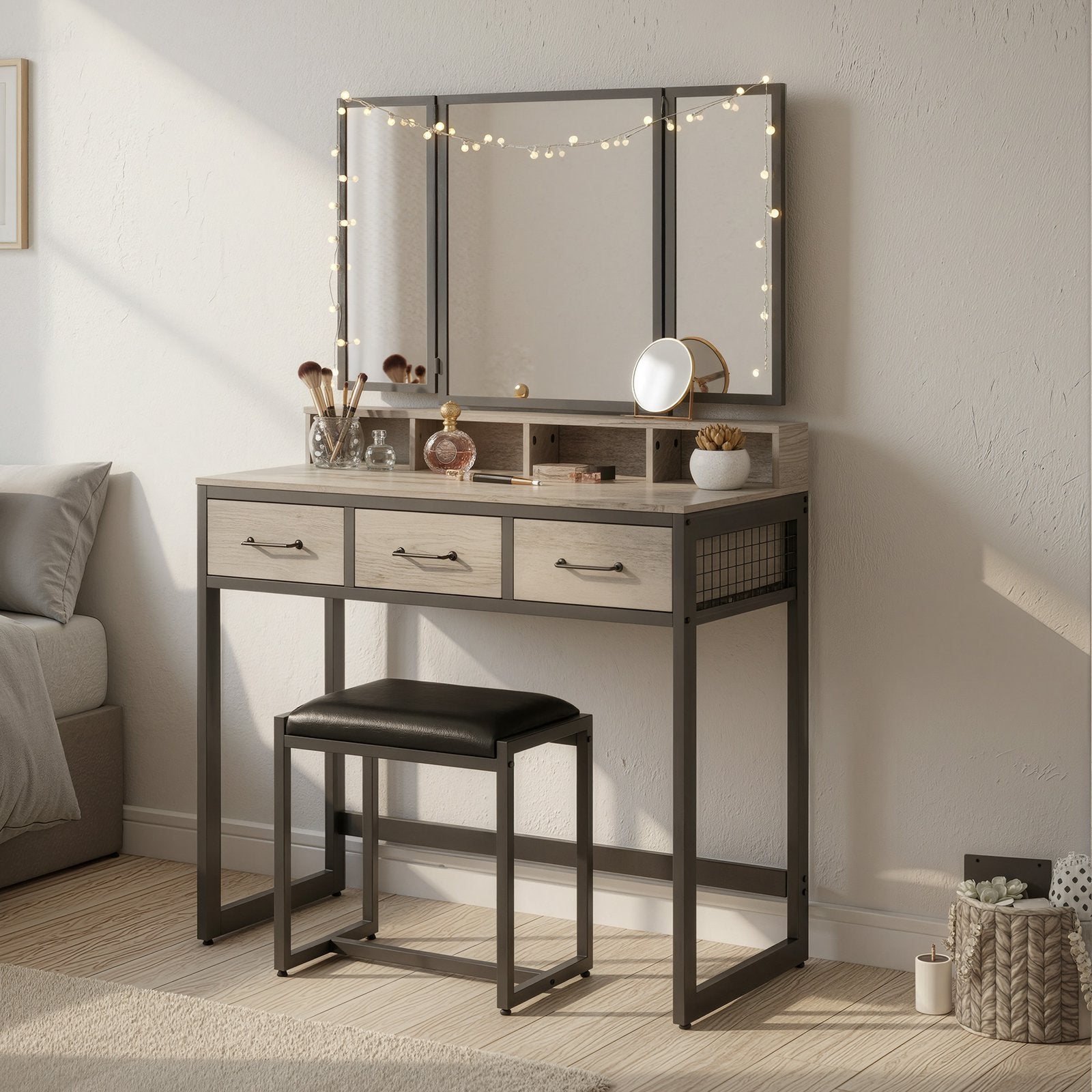 Makeup Vanity Desk – Wood – Industrial Style – Tri-Fold Mirror, 3 Drawers, and Stool