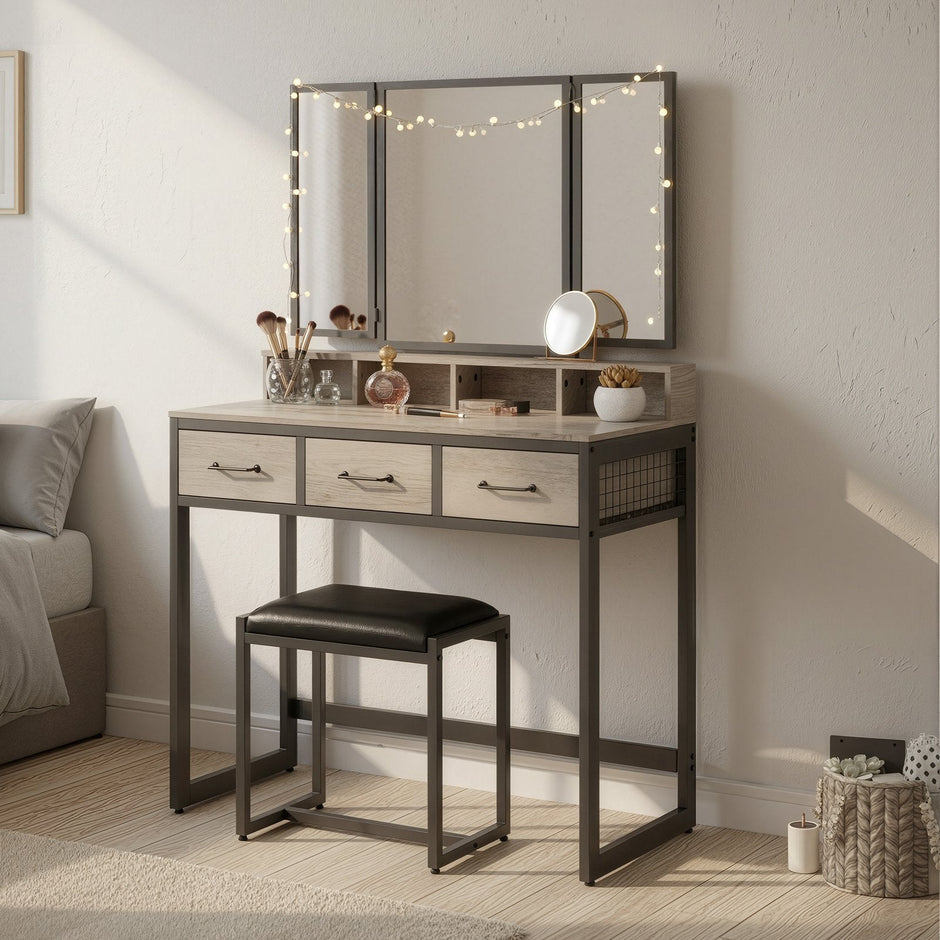Makeup Vanity Desk – Wood – Industrial Style – Tri-Fold Mirror, 3 Drawers, and Stool