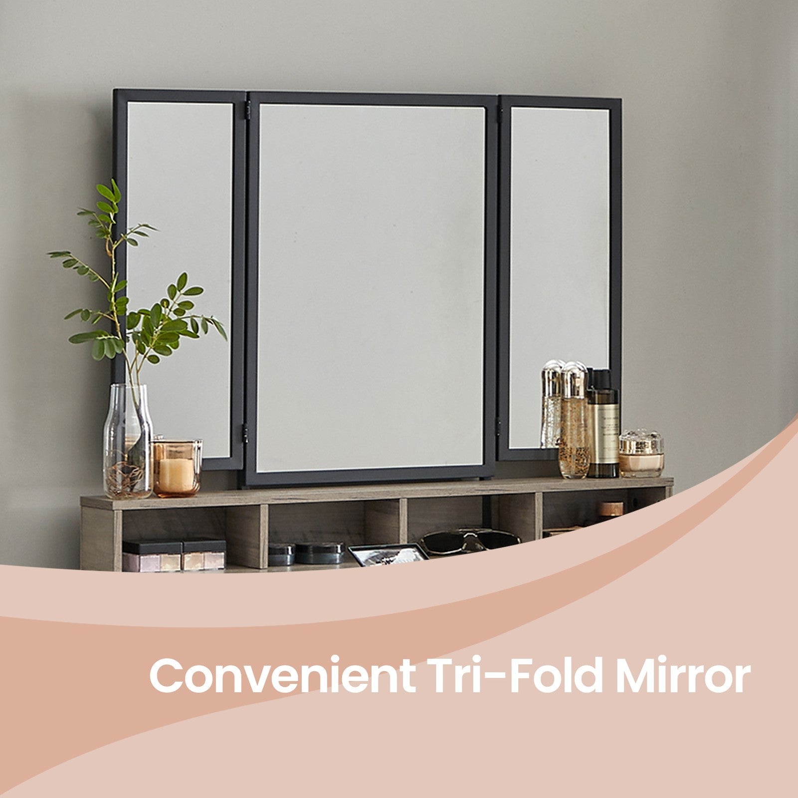 Makeup Vanity Desk – Wood – Industrial Style – Tri-Fold Mirror, 3 Drawers, and Stool