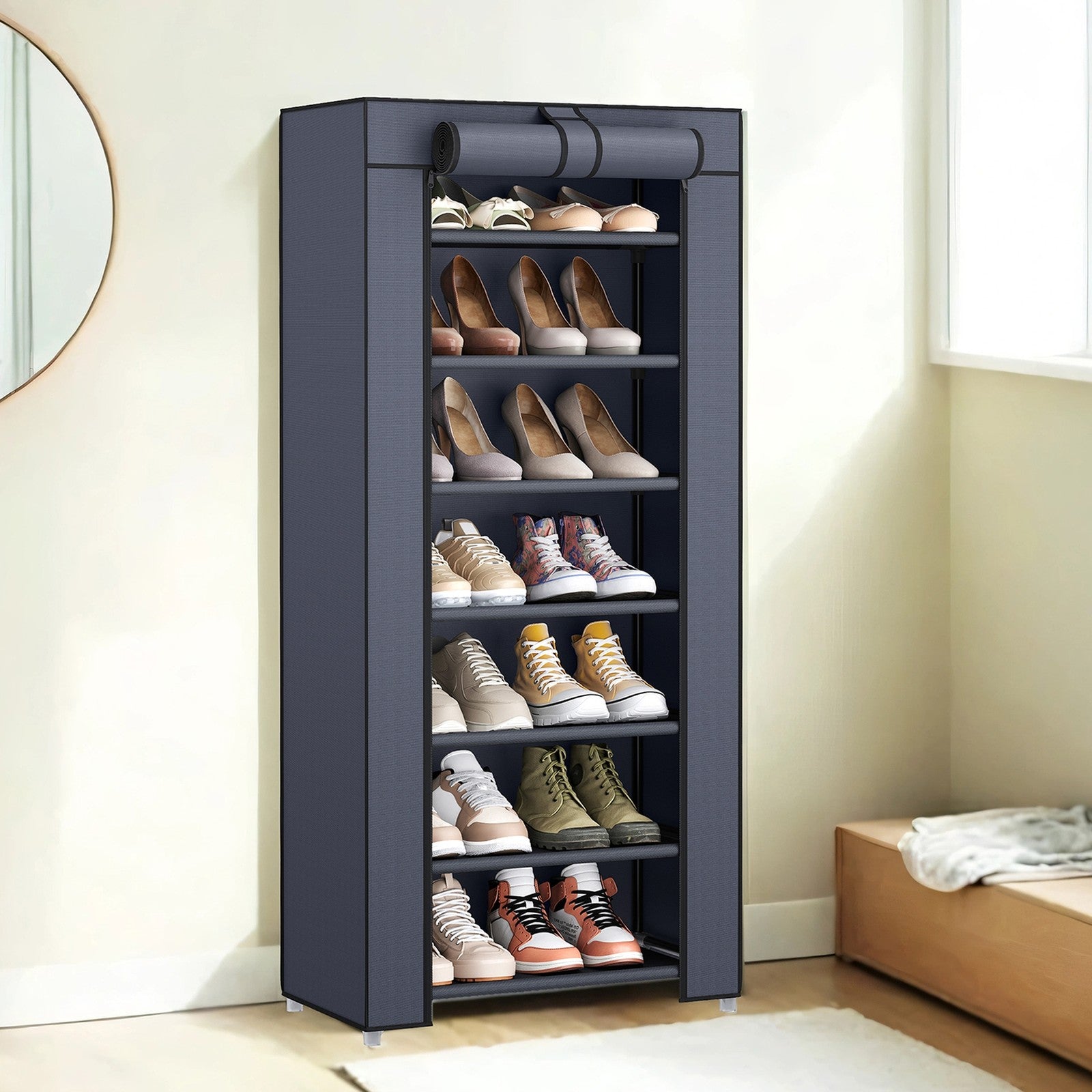 7-Tier Shoe Storage Cabinet – Non-Woven Fabric – Grey – Dustproof with Protective Cover