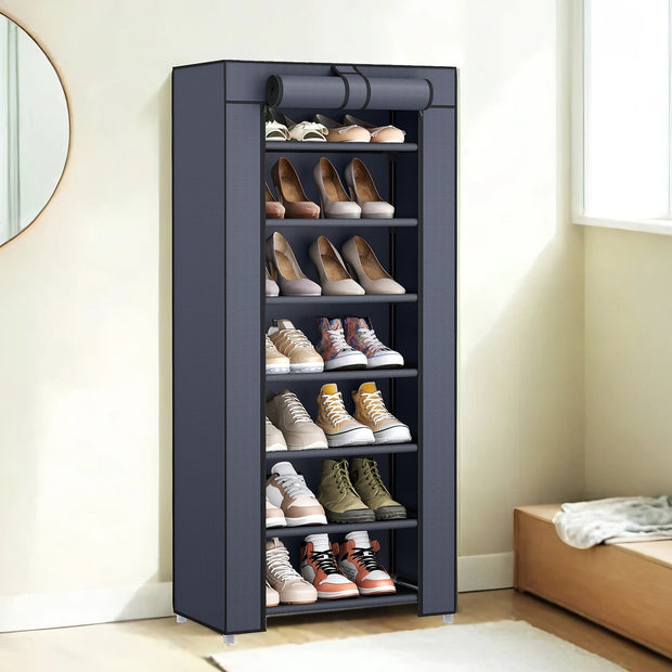 7-Tier Shoe Storage Cabinet – Non-Woven Fabric – Grey – Dustproof with Protective Cover