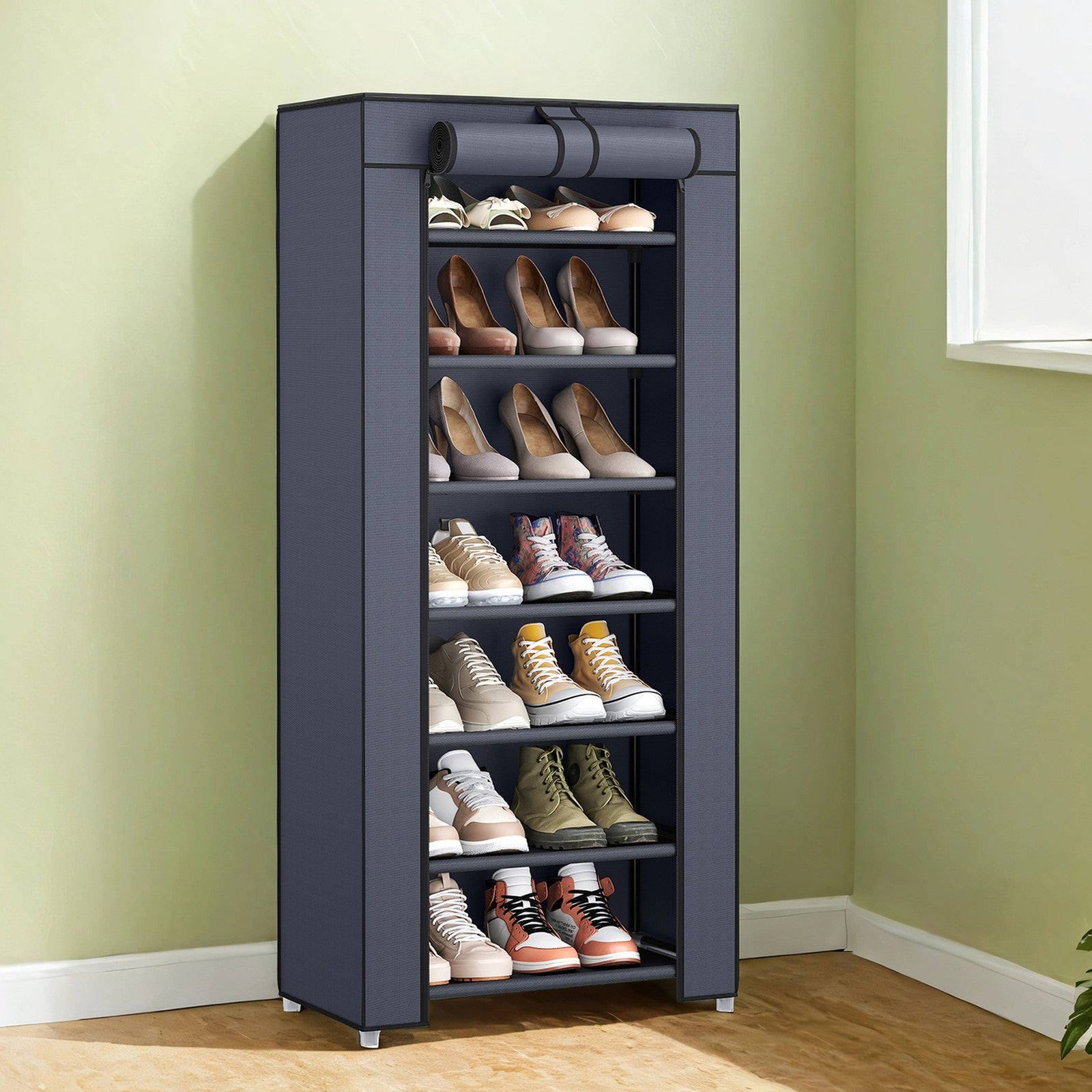7-Tier Shoe Storage Cabinet – Non-Woven Fabric – Grey – Dustproof with Protective Cover