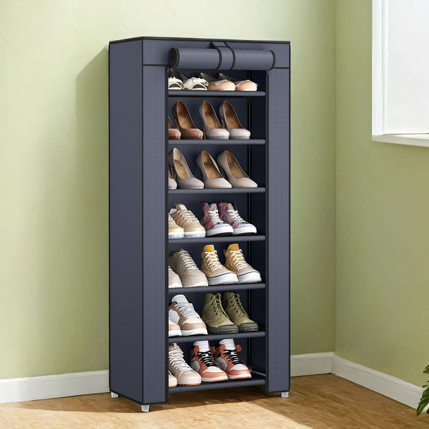 7-Tier Shoe Storage Cabinet – Non-Woven Fabric – Grey – Dustproof with Protective Cover