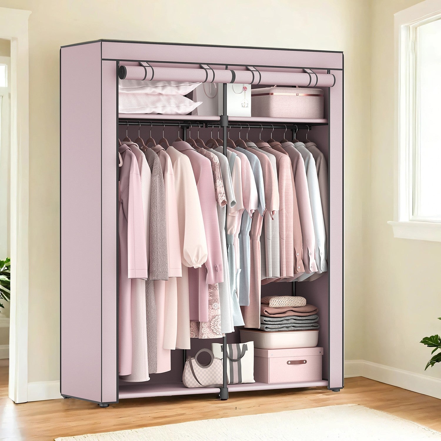 Portable Wardrobe – Non-Woven Fabric – Gray – Collapsible with Dual Clothes Rails
