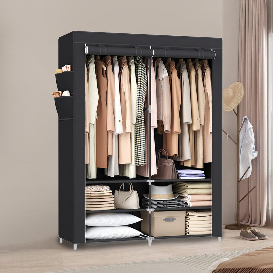 Portable Closet – Fabric – Black – Spacious with 2 Hanging Rails and Shelves