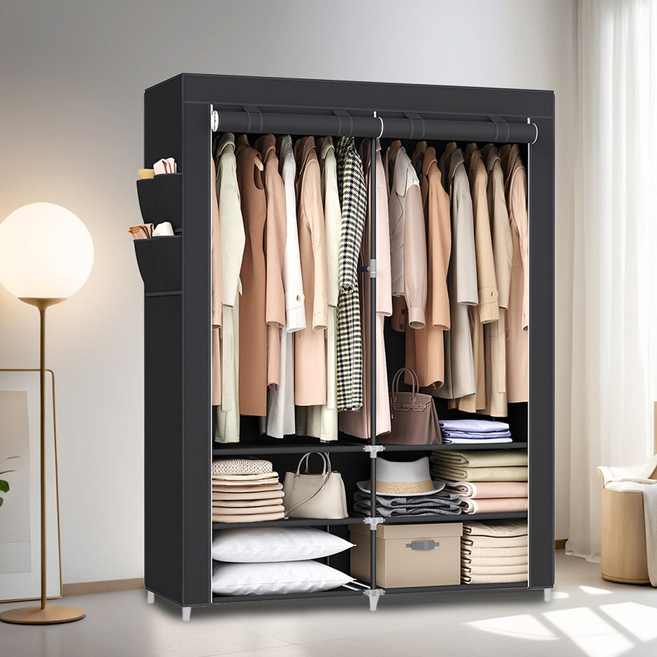 Portable Closet – Fabric – Black – Spacious with 2 Hanging Rails and Shelves