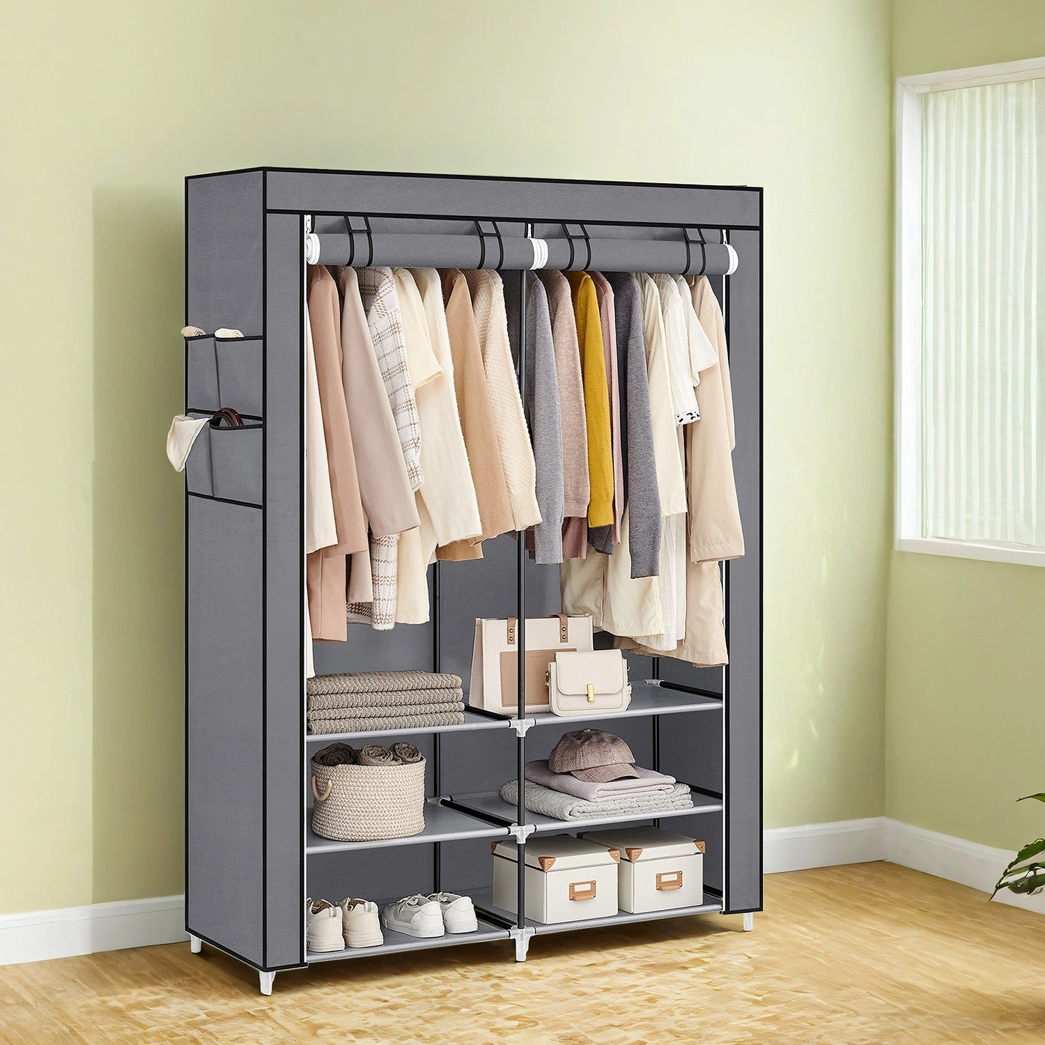Portable Closet – Fabric – Black – Spacious with 2 Hanging Rails and Shelves