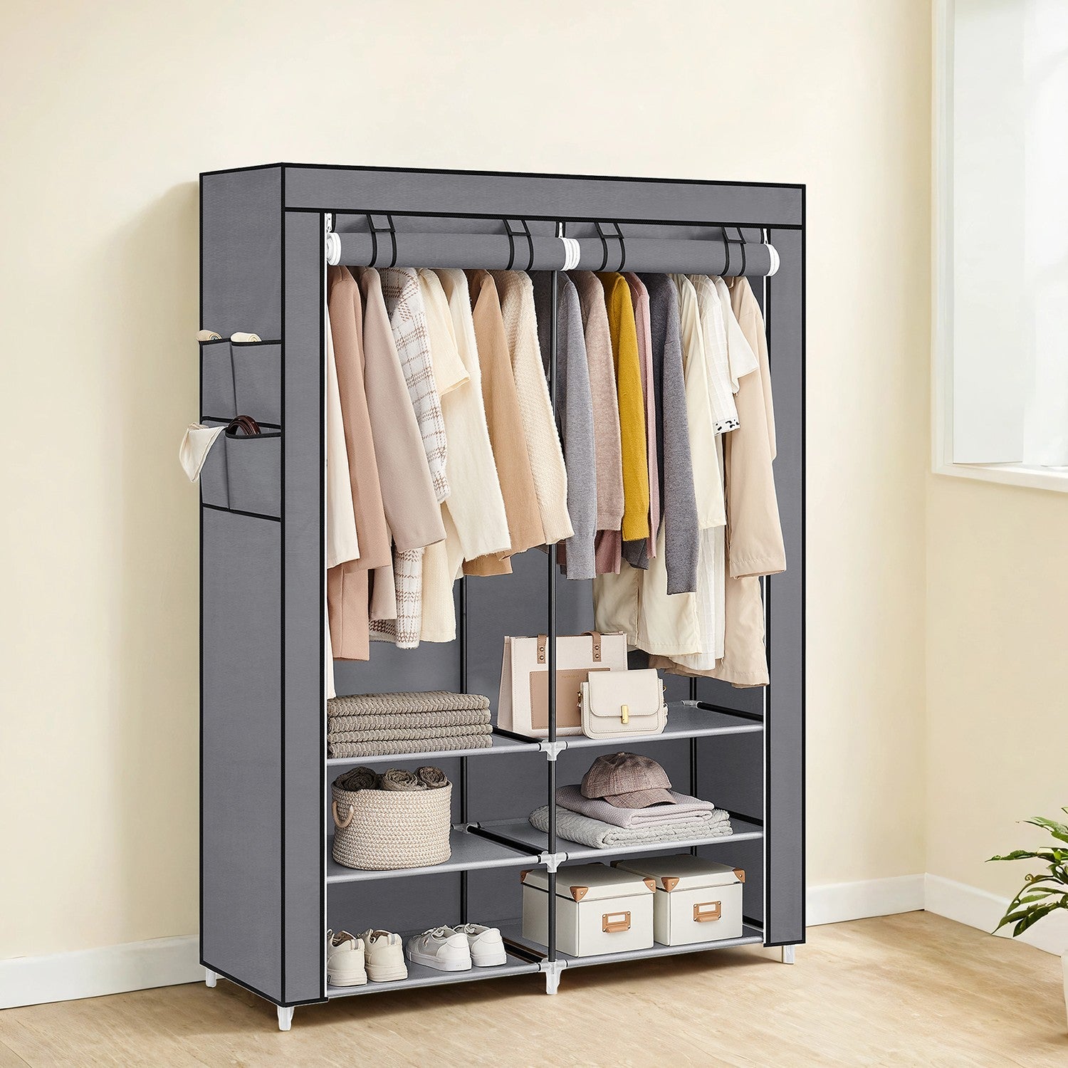 Portable Closet – Fabric – Black – Spacious with 2 Hanging Rails and Shelves