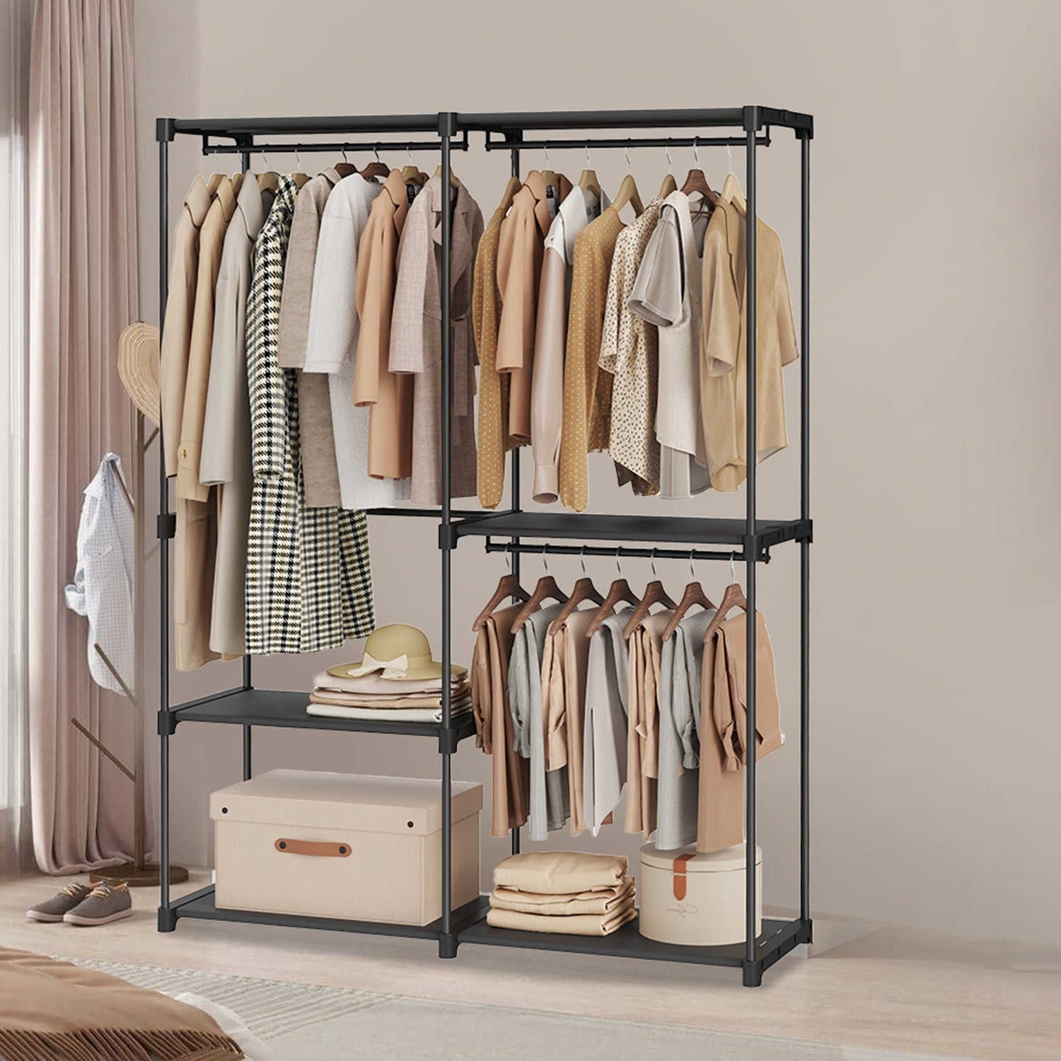 Freestanding Clothing Rack – Metal – Black – Large Capacity with 3 Hanging Rods and Shelves