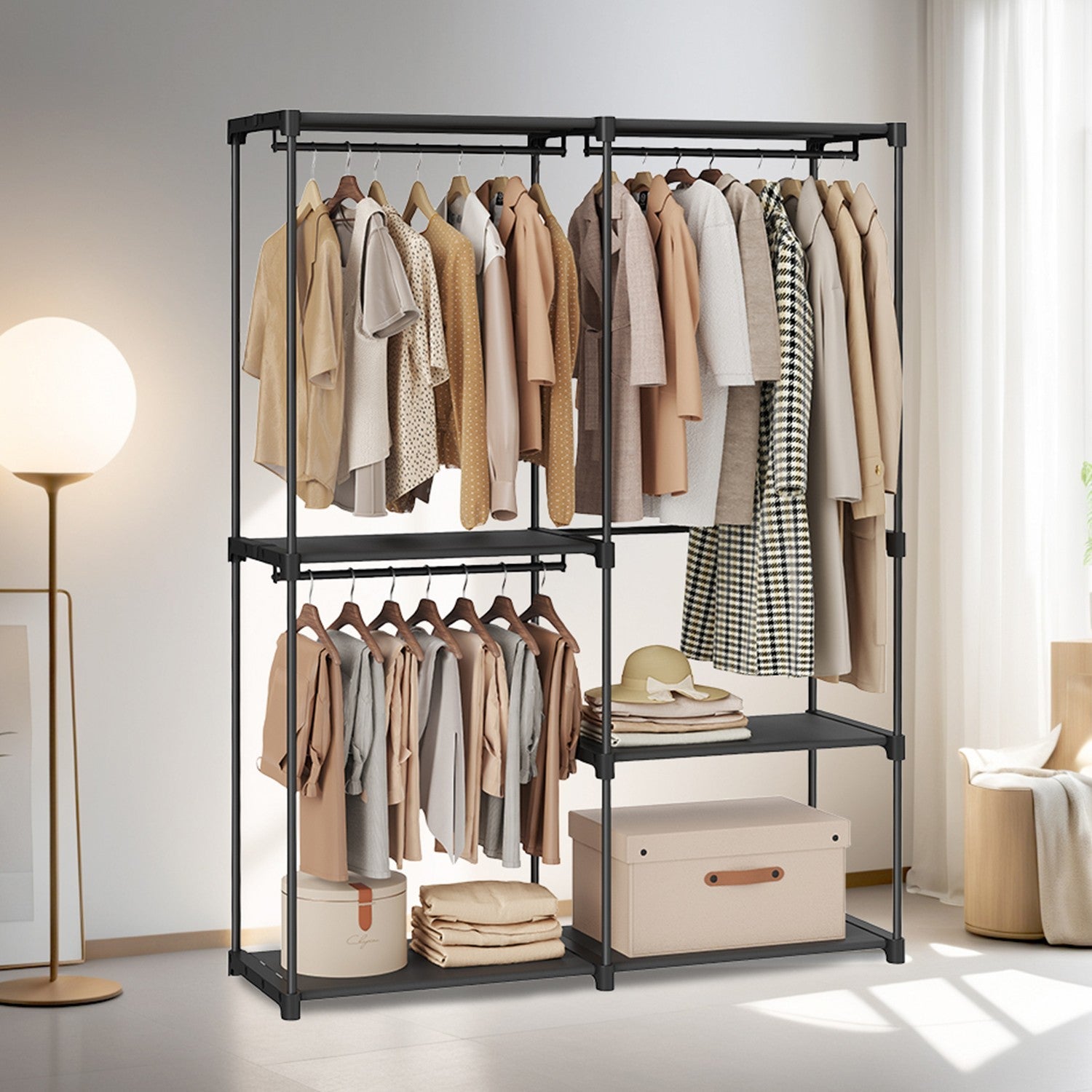 Freestanding Clothing Rack – Metal – Black – Large Capacity with 3 Hanging Rods and Shelves