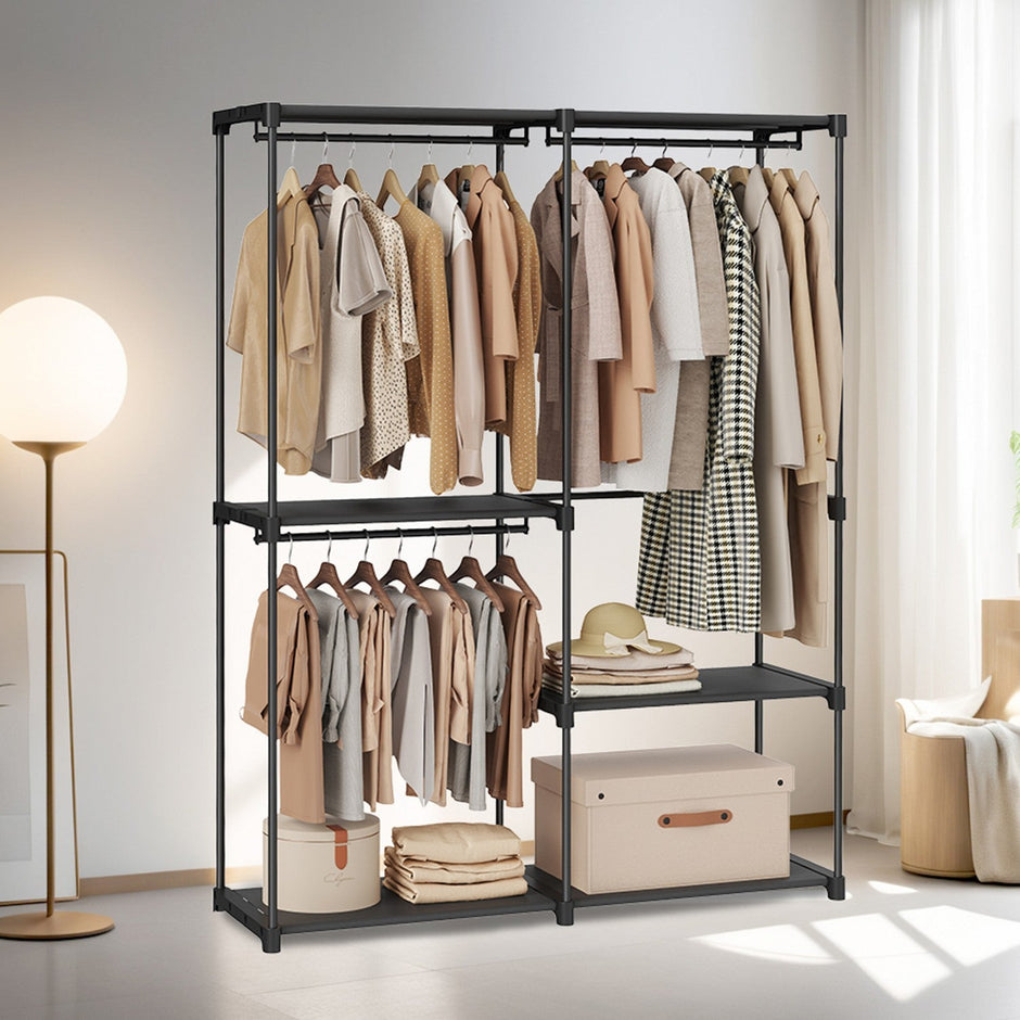 Freestanding Clothing Rack – Metal – Black – Large Capacity with 3 Hanging Rods and Shelves