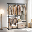 Freestanding Clothing Rack – Metal – Black – Large Capacity with 3 Hanging Rods and Shelves