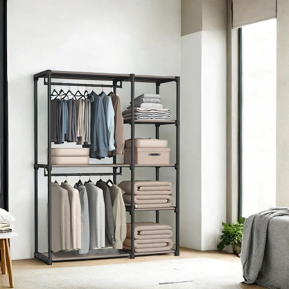 Freestanding Foldable Closet Wardrobe – Fabric – Taupe – Open Storage Organizer with Coat Rack and Clothes Rails