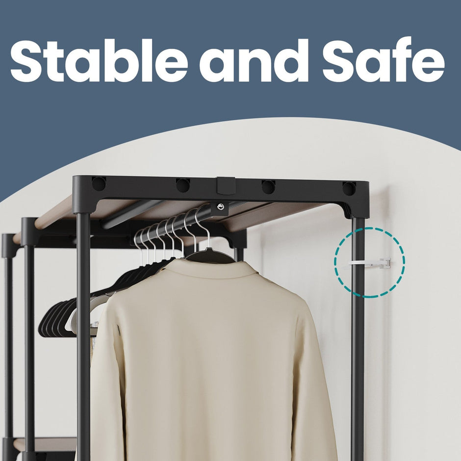 Freestanding Foldable Closet Wardrobe – Fabric – Taupe – Open Storage Organizer with Coat Rack and Clothes Rails