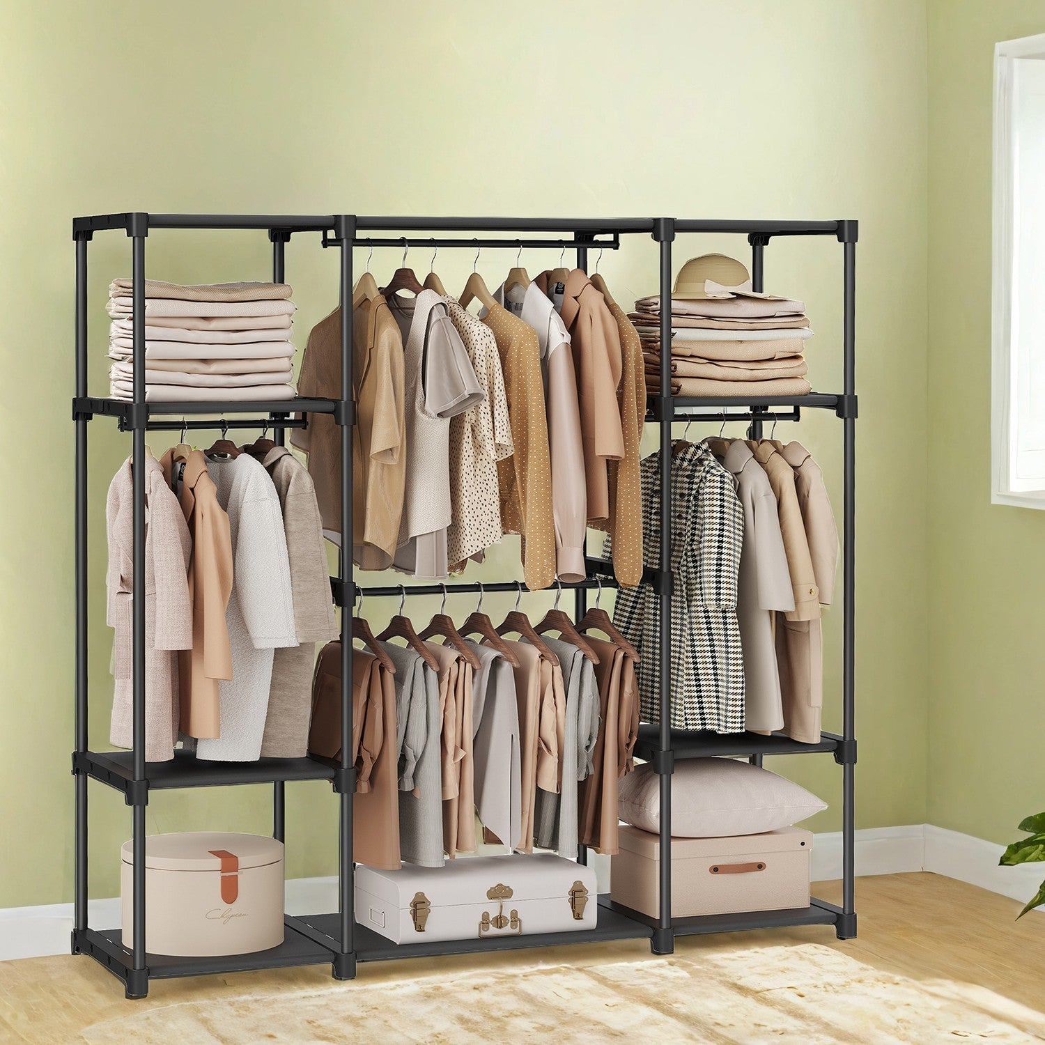 Clothes Wardrobe – Fabric – Black – Large Capacity with 4 Hanging Sections and Compartments